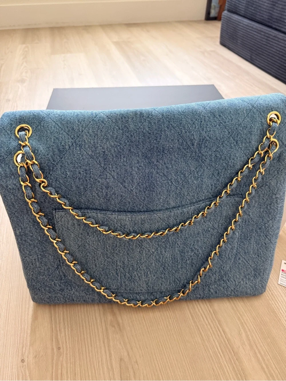 CHANEL Maxi Flapbag Light Blue Denim Quilted Flap Shoulder Bag with Gold Chain